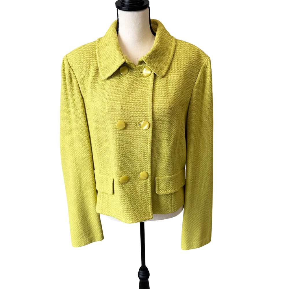 St. John Women 16 Chartreuse Yellow Santana Knit Double Breasted Jacket Blazer